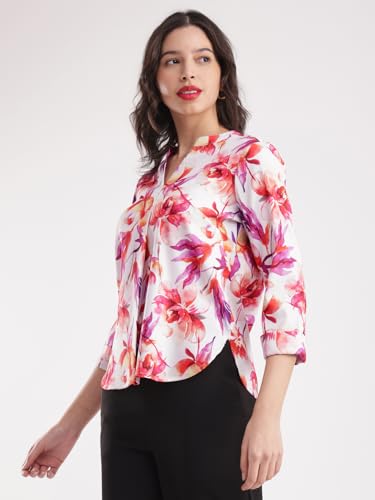 Image of FableStreet Women Shirt Work & Casual | Relaxed Fit Mandarin V-Neck Three-Quarter Sleeves Solid Pattern | Breathable Woven Fabric for Office & Everyday Wear