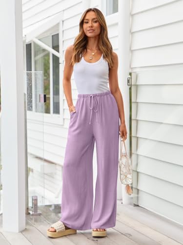 Image of LILLUSORY Women's Linen Summer Palazzo Pants Flowy Wide Leg Beach Pants with Pockets