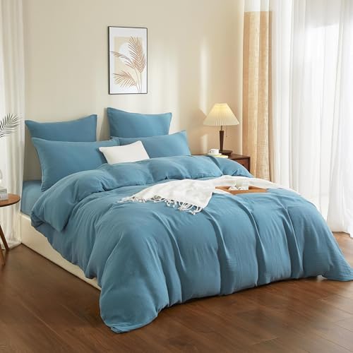 Housse de couette gaze de coton 220x240 bleu parure de lit double 100% coton - 2