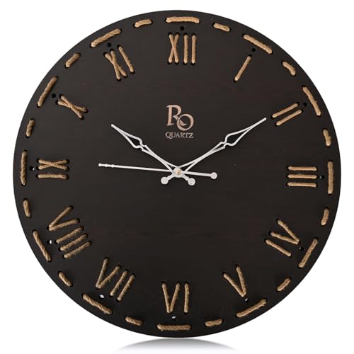 Image of Wooden Round Shape Roman Dial Wall Clock with Silver Hands & Golden Jute Rope Detailing | Silent Quartz Movement Anti Reflection Analog Vintage Clock for Office & Home (Black, 15.5 Inch)