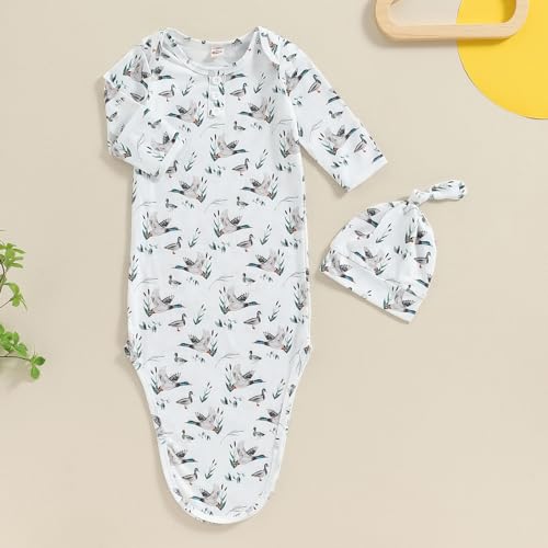 MAINESAKA Newborn Baby Knotted Gown Long Sleeve Mallard Duck Hunter Sleeping Bag with Hat Boys Girls Coming Home Outfit2