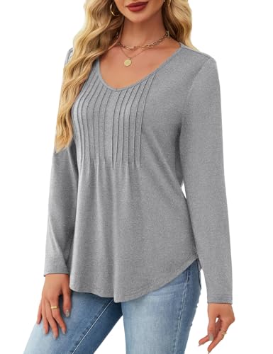 JUSTFASHIONNOW Shirts for Women Trendy Long Sleeve Tops Dressy Blouses Pleated Maternity V Neck Shirt Tunics Early Fall Fashion Winter Clothes (Gray, Large) — view 2