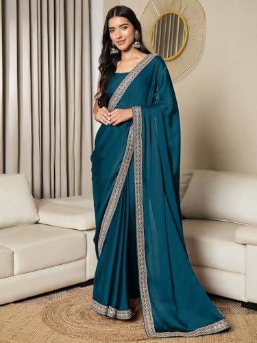 Image of AKHILAM Women's Satin Solid Ready To Wear one Minute Saree with Unstitched Blouse Piece