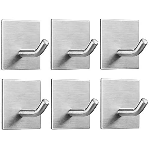 FOMANSH Heavy Duty Adhesive Hooks, Stick on Wall Adhesive Hangers, Strong Stainless Steel Holder, Self Adhesive Hooks for Kitchen Bathroom Home Door Towel Coat Key Robe 6 Packs Silver Cover