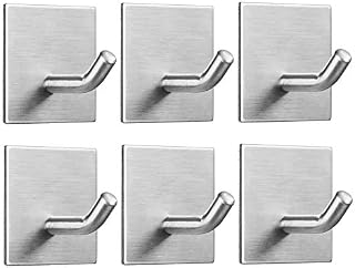 Heavy Duty Adhesive Hooks, Stick on Wall Adhesive Hangers, Strong Stainless Steel Holder, Self Adhesive Hooks for Kitchen Bathroom Home Door Towel Coat Key Robe 6 Packs Silver