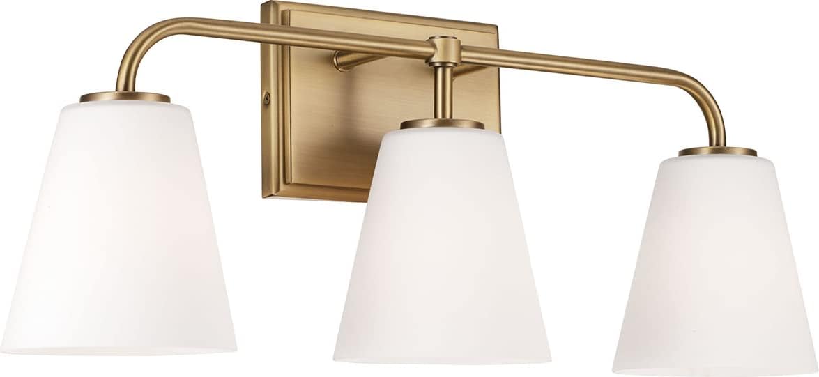 Capital Lighting 149431AD-543 Brody Transitional Soft White Glass Cone Vanity Lights for Bathroom, 3-Light 300 Total Watts, 9" H x 24" W, Aged Brass
