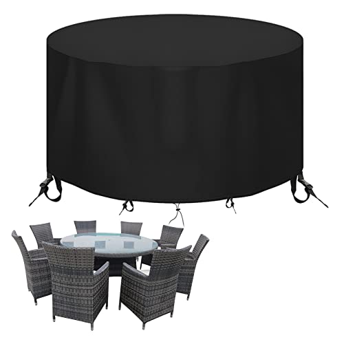 Round Patio Table Cover - Heavy Duty 600D Garden Furniture Covers Waterproof - Outdoor Rattan Table and Chair Set Protector Windproof Anti-UV Rip Proof, Ø230 x 100cm, Black