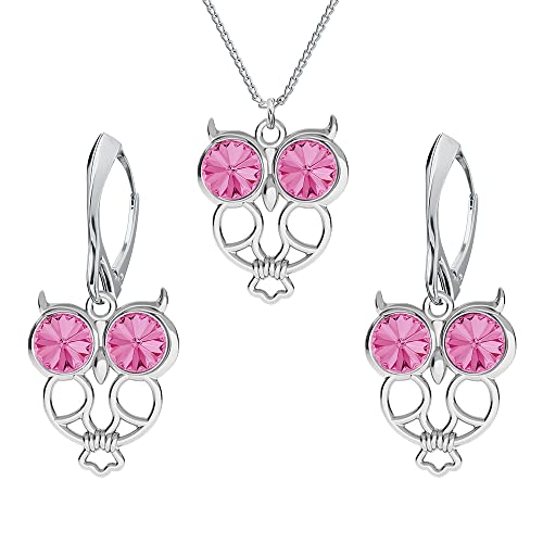 Boucles D'oreilles Femme Argent 925 Hibou - Collier Femme - Une Parure de Bijoux Pour Vous - Bijoux Femme avec Boite Cadeau - Boucles D'oreilles et Pendentif Femme - Cristaux (Rose)