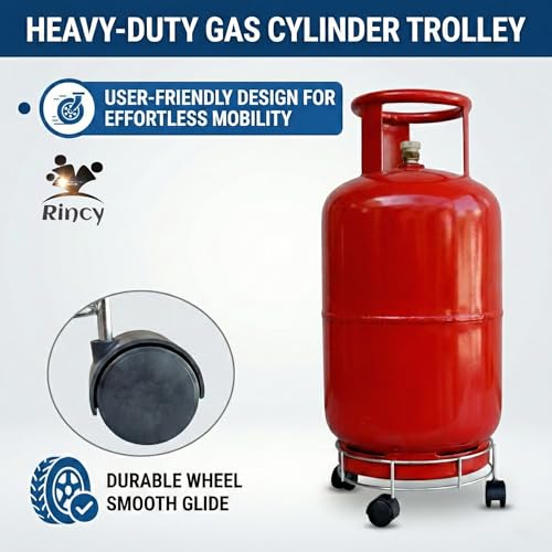 Image of Rincy Stainless Steel LPG Gas Cylinder Trolley with Heavy 4-Wheel Support - Cylinder Stand for Kitchen (Steel-2 Pcs)