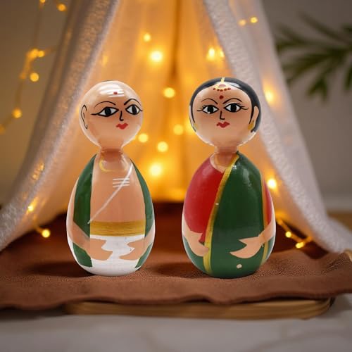 Image of Channapatna Wooden Decorative Dolls, Traditional Indian Art, Hand-Painted Figurines, Set of 2