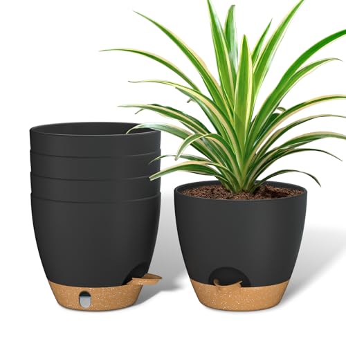 ZMTECH 15 cm Blumentöpfe mit Untersetzer, Kunststoff Übertöpfe mit Selbstbewässerung, Pflanzkübel mit Wasserstand für Innen/Außen (5er-Set, Schwarz)
