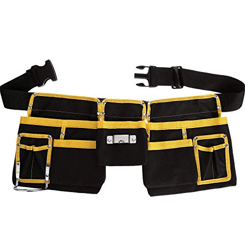 11-Pocket Adjustable Tool Bag - Heavy Duty Yellow and Black Tool Belt?Tool Waist Pouch with Three Layer Waterproof Fabric for Handyman?Oxford Waist Bag for Garden Work Organizer (Black&Yellow)
