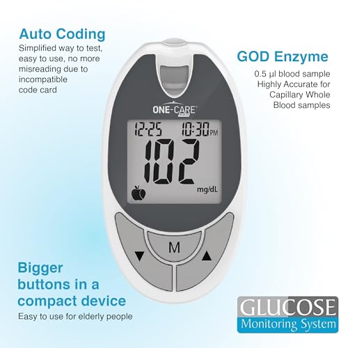 ONE-CARE Glucose Monitoring System with Glucometer, 10 Test Strips, Lancing Device, 10 Lancets, and Carrying Case -Blood Sugar Testing Kit for Diabetes Patients, Complete Diabetic Self-Testing Kit with Meter, Strips, and Lancets for fingerprick and capill