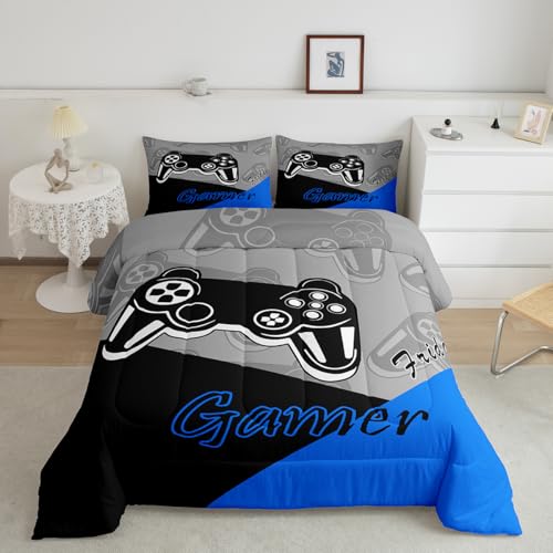 Feelyou Gaming Comforter for Boys Teen Video Game Bedding Set for Kids Gamer Comforter for All Season Gamepad Home Decor for Comforter Set Toddler Size 1 Comforter with 1 Pillowcase Blue Black Grey