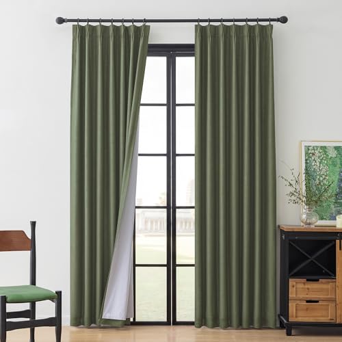 Image of MYSKY HOME Olive Green Pinch Pleated 100% Blackout Curtains 90 inches Long for Bedroom Living Room Dark Green Linen Textured Double Layer Black Out Pinch Pleat Drapes, 40 inch Wide per Panel, 2 Pcs
