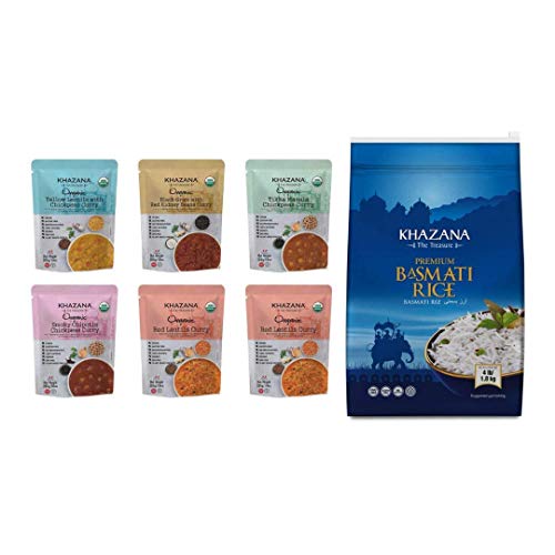 Khazana Organic Ready To Eat Meals Variety 6-Pack + Premium Basmati Rice 4Lb - Customized Indian Meal Bundle | Non-Gmo, Vegan, Kosher, Gluten Free | Authentic Indian Cuisine #TOP11