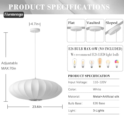 Image of Large 23.6 inch Lantern Pendant Light, White Imitation Silk Lampshade, Bubble Pendant Light, Hanging Lamp Simple Chandelier for Living Dinning Room Kitchen Island Bedroom Restaurant Cafe