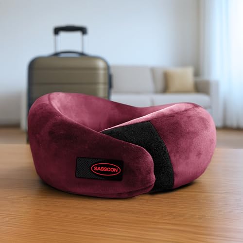 Image of Sassoon | Neck Pillow for Travelling |Memory Foam Travel Neck Pillow | with Adjustable Velcro Strap | Perfect for Airplane, Car, Train Travel with Cover & Machine Washable -Chestnut, Standard Size