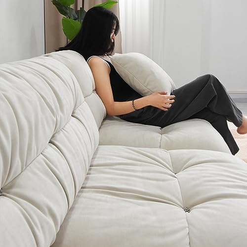 Cloud Modular Sectional Sofa,105\" Scrub Velvet Minimalist Sofa Couch for Living Room, Modern LoveSofa with 2 Pillows 3 Seater for Apartment Office Studio, Deep Seat Couches,Beige