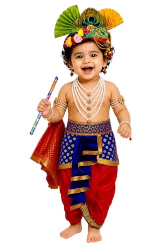 Image of BLU VAPOUR Krishna dress for Kids, krishna dress for baby boy, kanha dress for kids, krishna costume for baby boy,krishna costume for Janmashtami,3month to 7 years, Blue, Red & Yellow