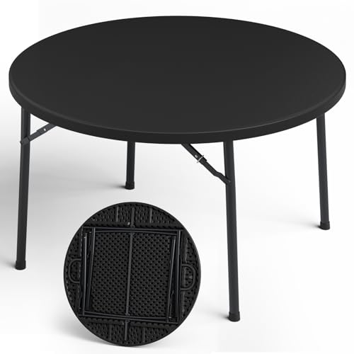 MAKE CHANGES 48" Folding Round Table, 48 inch Plastic Commercial Round Dinner Table with Foldable Steel Legs, Portable Banquet Card Table for Party, Events, Indoor, Outdoor, Black
