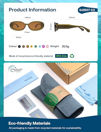 SOJOS Ocean Collection Retro Oval Polarized Sunglasses for Women Men Vintage Recycled Plastic Frame Eco-Friendly, Sunlight4
