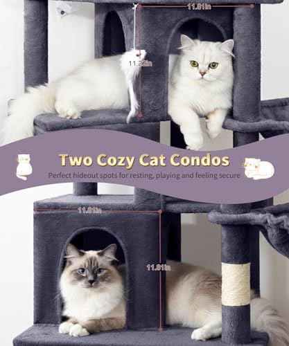 Image of 74 Inch Heavy Duty Cat Tree for Large Cats, Multi-Cat Tower with 3 Condos, Tall Cat Condo with XL Platform, Hanging Basket & Sisal Scratching Posts, PMT04DG, Dark Grey