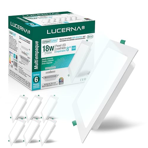 LUCERNA Downlight LED Empotrable Cuadrado - Pack de 6 Focos LED para Techo Interior - Plafon Luz Fría (6500K, 18W)
