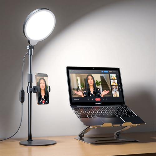 Yarrashop LEDリングライト デスクライト 7インチ フルスクリーン 高演色CRI97.8+ 3色モード・10段階調光 USB給電 360°角度調整 スマホホルダー付き 卓上撮影・動画配信・Zoom・オンライン会議・Vlog・メイク・セルフィー・手元撮影対応 女優ライト スマホスタンド付き（ブラック1個）の商品画像（Amazon）