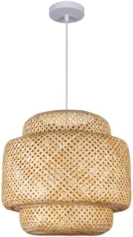 Teru Ji Kaikang Bamboo Pendant Light,Hand-Woven Adjustable Cord Rattan Boho Hanging Lamp,15.75IN Farmhouse Interior Flush Mount Ceiling Chandelier for Dining Living Bedroom Kitchen Restaurant