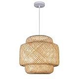 Teru Ji Kaikang Bamboo Pendant Light,Hand-Woven Adjustable Cord Rattan Boho Hanging Lamp,15.75IN Far