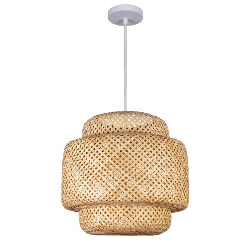 Teru Ji Kaikang Bamboo Pendant Light,Hand-Woven Adjustable Cord Rattan Boho Hanging Lamp,15.75In Farmhouse Interior Flush Mount Ceiling Chandelier For Dining Living Bedroom Kitchen Restaurant #TOP2