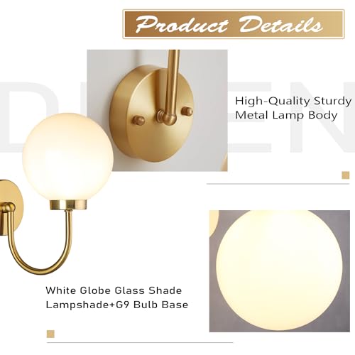 Image of Mid Century Wall Mounted Light Fixture 1 Light Vintage Gold Sconces Wall Lighting White Glass Globe Antique Brass Wall Lamp for Living Room Bedside Stairs Bathroom Mirror MCL12GD-1 (1pack)