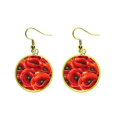 Pendientes largos de amapola roja con gota dorada para mujer