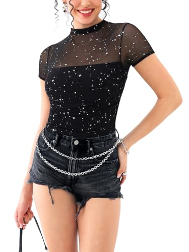 Image of REORIA Women's Sexy Mock Turtle Neck Short Sleeve Shirts Sheer Mesh Ruched Trendy Going Out Bodysuits Tops