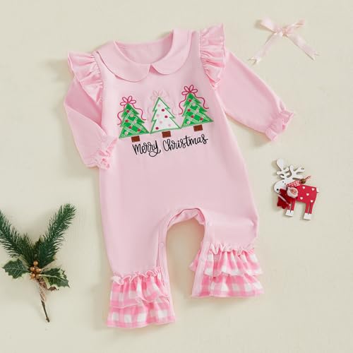 GOOCHEER Infant Newborn Baby Girl Christmas Outfit Christmas Tree Romper Long Sleeve Ruffle Bodysuit Plaid Jumpsuit Clothes3