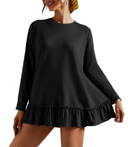 Tankaneo Womens Oversized Peplum Long Sleeve Babydoll Tops Casual Pleated Shirts Crew Neck Flowy Loose Fit Tunic Tees