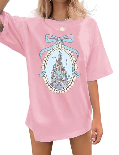 jusgai Magic Kingdom Tshirts for Women Cute Castle Shirt Oversized Bows Graphic Tee Family Vacation Short Sleeve Tops