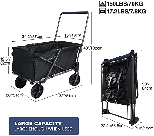REDCAMP Folding Wagon Cart with Extendable Rear End Heavy Duty, 134L Large Collapsible Utility Wagon Garden Cart with Wheels for Camping Beach Sports Shopping Dog