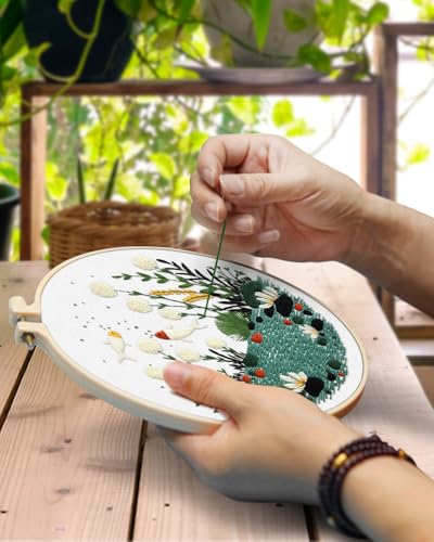 Image of TINDTOP 5 Pack Embroidery Kit for Adult, Embroidery DIY Starter Kit | with Fish World Stamped Patterns, Hoop, Tools, Colorful Threads with Needles, Instructions