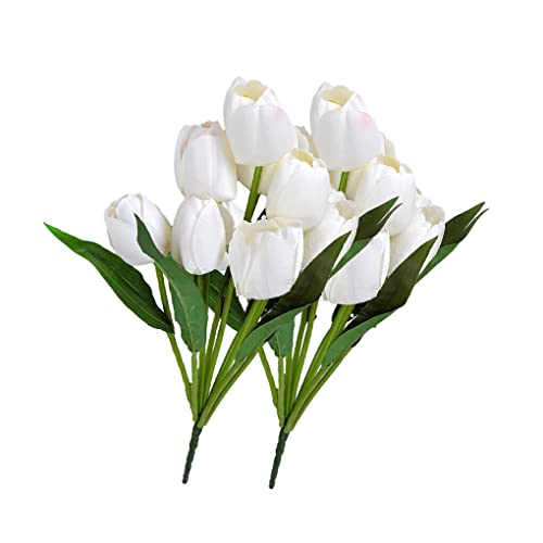 WNDUOKXH 2 pièces 9 têtes Bouquet Fleurs artificielles Tulipes en Soie Vraie Touche Mini Simulation Main Faux Fleur Arrangements Jardin, Blanc/Grande Tête