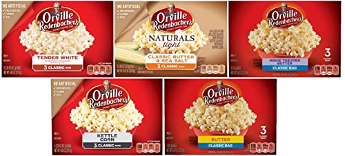 Orville Redenbacher's Gourmet Popping Corn, Tender White, Classic Butter & Sea Salt, Movie Theater Butter, Kettle Corn, And Original Butter, 9 Ounce (Pack Of 5) - With Make Your Day Bag Clip #TOP26
