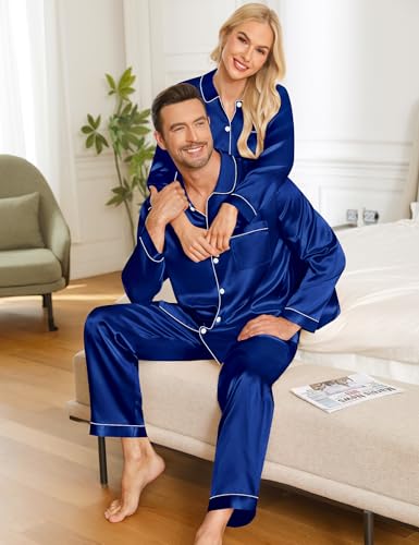 SWOMOG Couples Pajamas Sets Silk Satin Long Sleeve Sleepwear Button Down Loungewear Pjs Set Classic Pajama S-XXL4