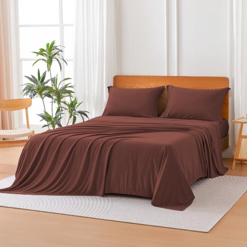 Image of Amazon Basics Jersey Knit 4-Piece Sheet Set, Wrinkle Resistant and Easy Fit, Includes 16 inch Deep Pocket Fitted Sheet, 1 Flat Sheet and 2 Pillowcases, Queen, Burgundy