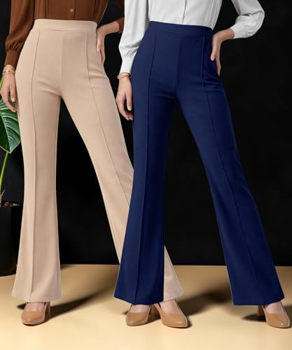 Image of Women Solid Flared Trousers Pack of 2 | High Waist Stretchable Office Pants for Women | Formal Bell Bottom Palazzo Trouser Combo