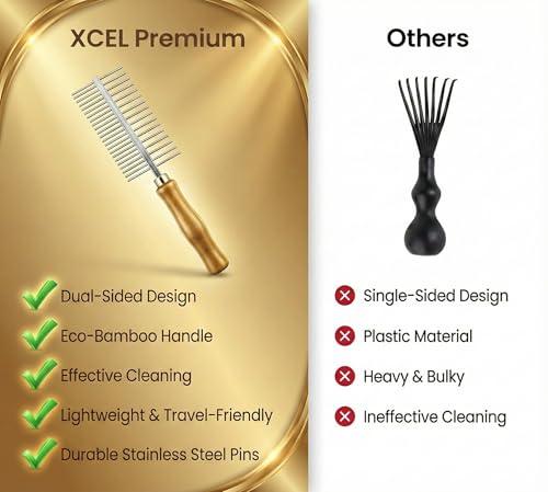 XCEL 2-in-1 Hair Brush Cleaner Tool, Dual-Sided Hairbrush Cleaning Rake & Comb for Removing Hair, Lint, Dust and Product Buildup from Paddle, Boar Bristle, Round and Detangling Brushes