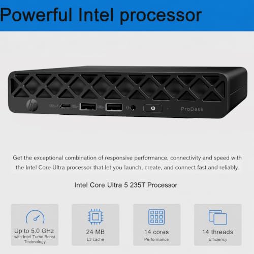 Image of HP ProDesk 4 Mini G1i Business Desktop AI PC (Intel Core Ultra 5 235T (> Ultra 7 165U), 16GB DDR5 RAM, 512GB SSD), MFF, 2x DisplayPort, Ethernet, HDMI, USB-C, Max to 3 Displays, WiFi 6E, Win 11 Pro