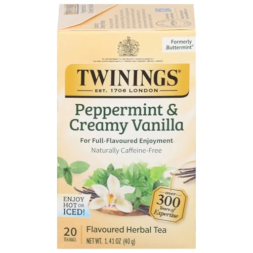 Twinings Peppermint & Creamy Vanilla Tea - A Crisp, Balanced Herbal Tea, Formerly Buttermint, Naturally Caffeine-Free Tea Bags, Individually Wrapped, 20 Count