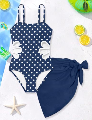 Image of Girls Swimsuit Adjustable Straps Cut Out One Piece Bathing Suit with Solid Color Cover Up Skirt Girls' Swimwear 5-16Y