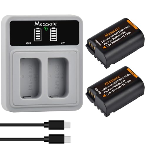 Massate 2-Pack 2600mAh DMW-BLK22 Battery & LED PD20W Fast ChargerFull Power 2.5Hrs DMW BLK22 Battery for Panasonic Lumix GH5 GH5 II GH6 GH7 S5 S5II S5 IIX S9 G9 II S5M2 GH5M2